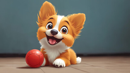 A cheerful cartoon dog playing with a ball on the house floor, cute and playful style, vibrant colors, joyful atmosphere, simple background, cartoon art style, wholesome scene