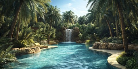 Exotic palm trees surround a stunning water pool, creating a serene atmosphere. The palm trees elegantly frame the water pool, enhancing its beauty and tranquility in a picturesque setting.
