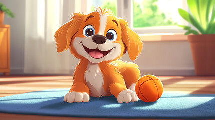 A cheerful cartoon dog playing with a ball on the house floor, cute and playful style, vibrant colors, joyful atmosphere, simple background, cartoon art style, wholesome scene