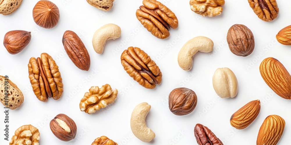Aufkleber delicious nuts displayed in isolation on a bright white background, highlighting the tasty nuts appe