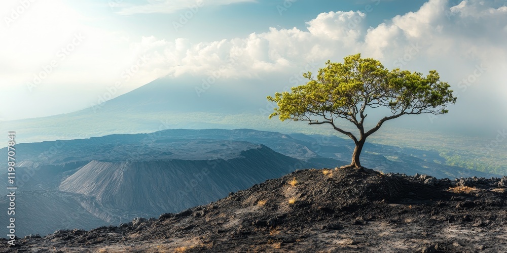 Poster a solitary tree rises majestically atop a mountaintop, framed by the expansive view of a crater in t
