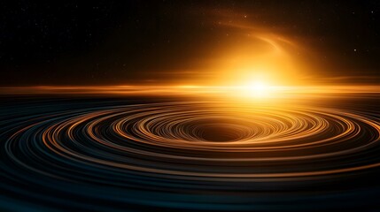 Obraz premium The image shows a swirling vortex of light and color, resembling a black hole, set against a backdrop of a starry night sky and a vibrant orange sunset.A mesmerizing cosmic scene unfolds: a dark vort