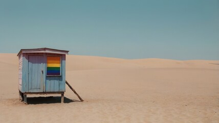 Lonely Beach Hut with Rainbow Flag in Desert Sand Dunes Landscape