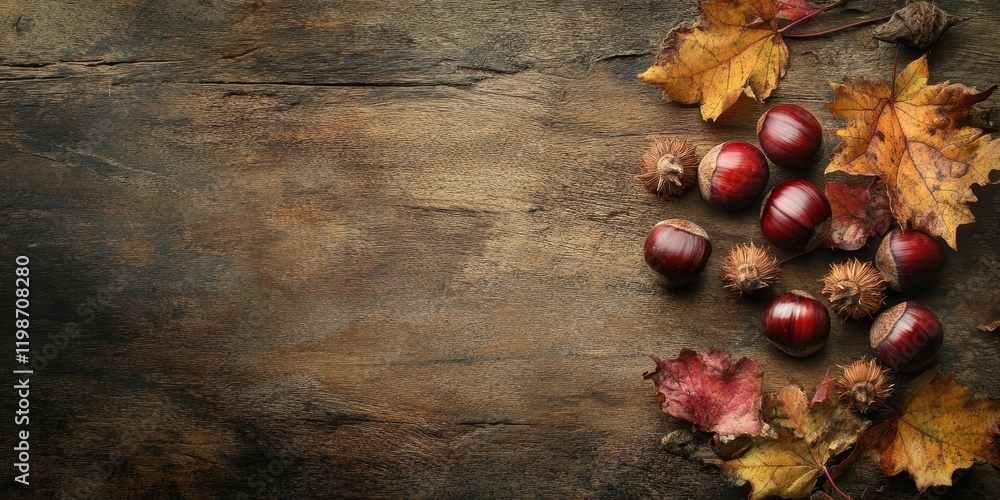 Poster newly harvested chestnuts placed on a rustic wooden surface create a warm and inviting atmosphere of