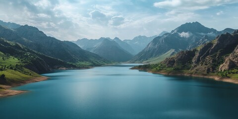 A serene and picturesque meren lake surrounded by majestic mountains creates a tranquil atmosphere. This meren lake, embraced by nature, offers a beautiful escape for those seeking peace.