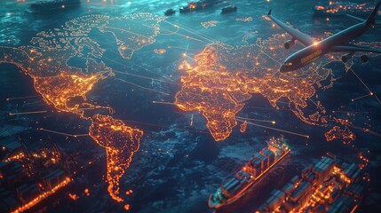 A stunning world map glowing with illuminated trade routes connecting multiple continents. In the foreground, a cargo plane in mid-flight, a large 