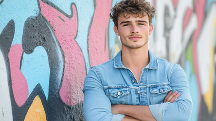 Confident and Casual: A young man with a casual, confident demeanor stands against a vibrant...