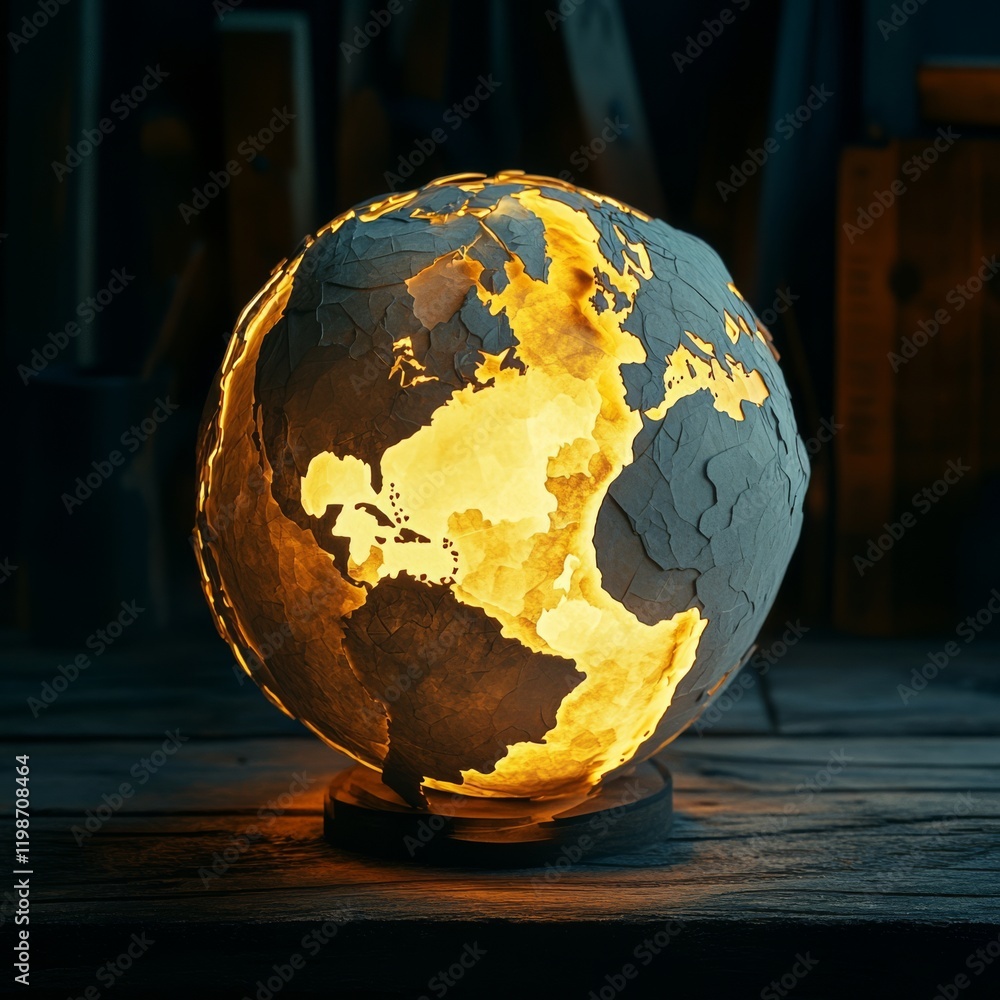 Poster a globe with a light on it. the globe is lit up and has a yellow light. the globe is on a wooden tab