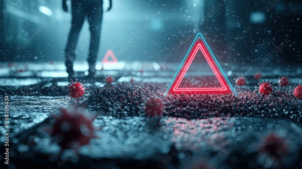 Poster virus icons or warning signs: a glowing virus icon with a red warning triangle, representing malware