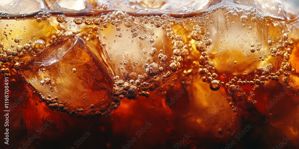 Aufkleber Close up of refreshing cola in a glass filled with ice, showcasing the fizzy bubbles and rich color of cola, perfect for capturing the essence of cola on a warm day.