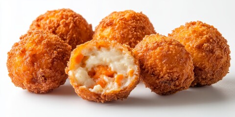 Selective focus on Brulee Bomb, a delicious treat made with smoked beef, carrot, milk, flour, and cheese, filled with mozzarella. These crispy Brulee Bombs are breaded and deep fried, served against a