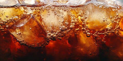 Close up of refreshing cola in a glass filled with ice, showcasing the fizzy bubbles and rich color of cola, perfect for capturing the essence of cola on a warm day.