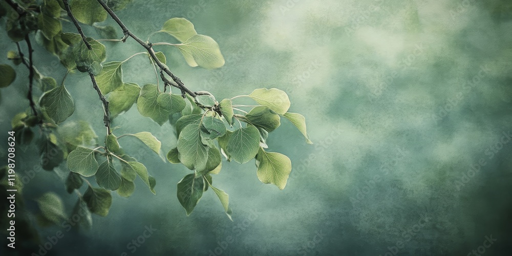 Poster Fuzzy summer branch of a poplar tree showcasing lush green leaves and soft textures, perfect for capturing the essence of summer and the beauty of nature s poplar tree foliage.
