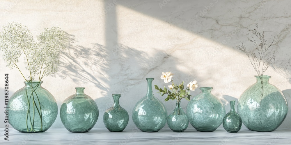 Poster a series of round vases made from transparent green glass is arranged in a line against a marble bac