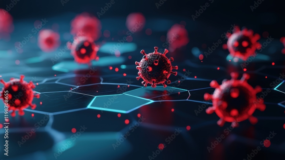 Poster virus icons or warning signs: a futuristic holographic interface displaying virus visualizations and