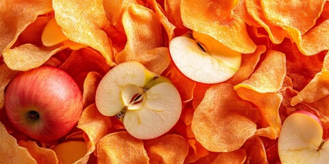 Crispy dried food includes organic tasty chips and healthy fruit snacks like sliced apples. This horizontal banner features a vibrant orange pile, perfect for showcasing your love for natural dishes.