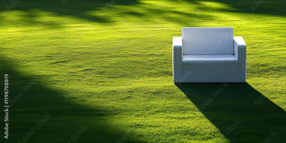 Poster White square chair casting a shadow on a lush green grass field, creating a serene outdoor setting perfect for relaxation. The white square chair adds a touch of elegance to the vibrant grass.