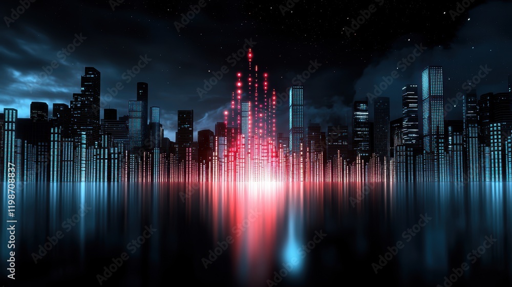 Aufkleber data matrix and digital grids: a futuristic cityscape with a digital grid overlay, representing smar