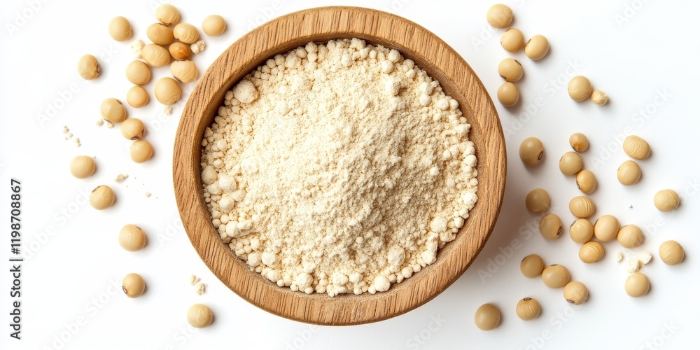 Poster soy protein powder and soy flour are displayed in a wooden bowl alongside soybeans, captured from a 