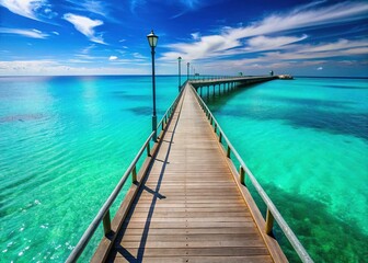 Fototapeta premium Aerial View Pier Colorful Beach Summer Vacation Seaside Ocean Waterfront Promenade