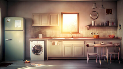 Cozy Vintage Kitchen Bathed in Warm Sunlight with Retro Appliances and Dining Area