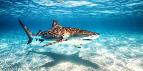 Naklejka premium Tiger Shark swimming in clear waters, showcasing the unique characteristics of the tiger shark species. The beauty and power of the tiger shark are evident as it glides gracefully through the sea.