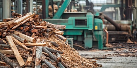 Fototapeta premium This image showcases a pile of wood alongside green machines, emphasizing the relationship between wood and machinery, where wood plays a crucial role in various industrial applications.