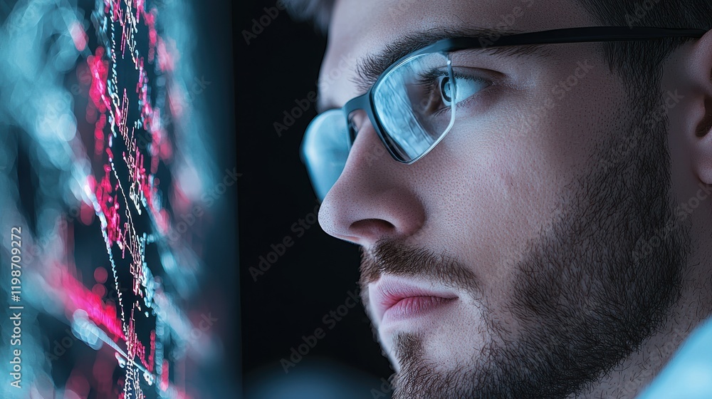Poster holographic interfaces or screens: scientist working with a holographic interface displaying complex
