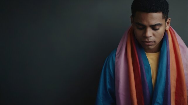 Thoughtful Young Man Wrapped in Pride Flag LGBTQ Portrait Diversity - Powered by Adobe