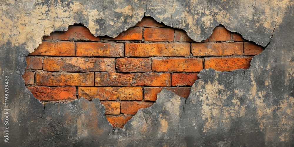 Poster a weathered brick wall displaying a prominent crack, showcasing unique texture for use as an intrigu