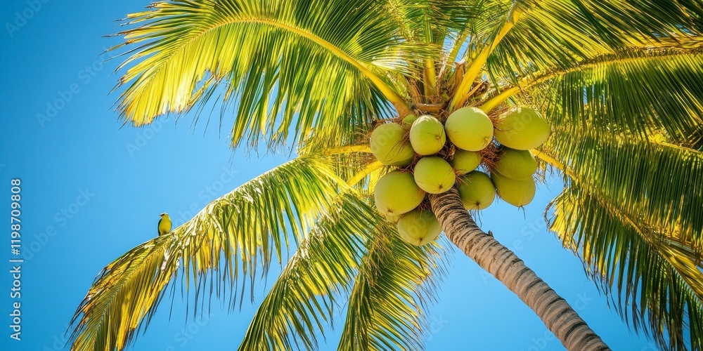 Poster palm tree featuring vibrant green coconuts and a small bird resting on its leaves, set against a cle