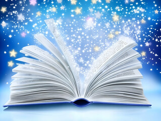Open Book Releases Magical Starry Illumination on a Blue Background