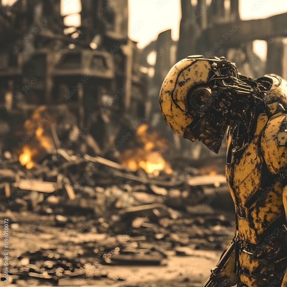 Aufkleber 3d render of a robot standing in a destroyed city with fire in the background