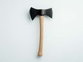 double bladed axe with wooden handle on white background