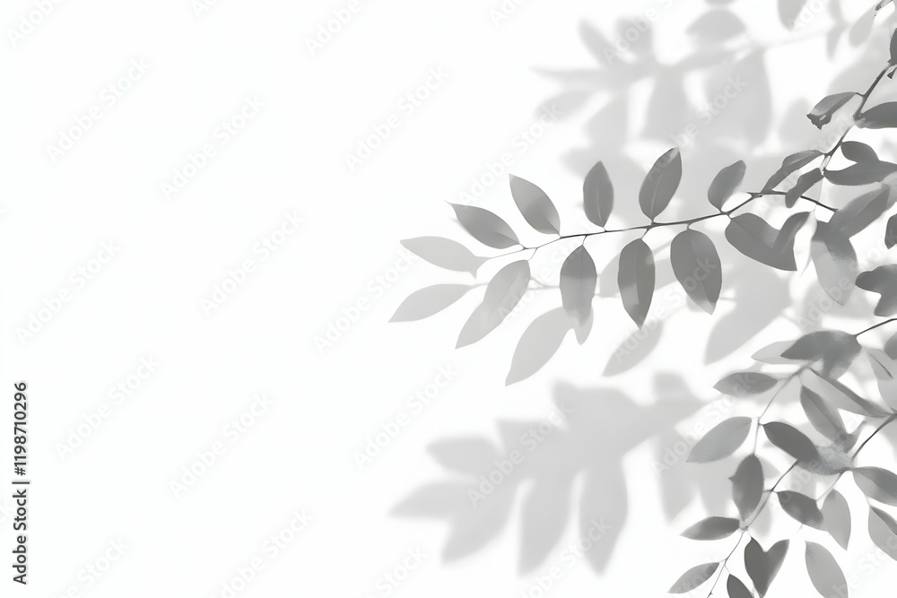 Poster gray leaves cast soft shadows on a pristine white background, creating a serene minimalist scene.