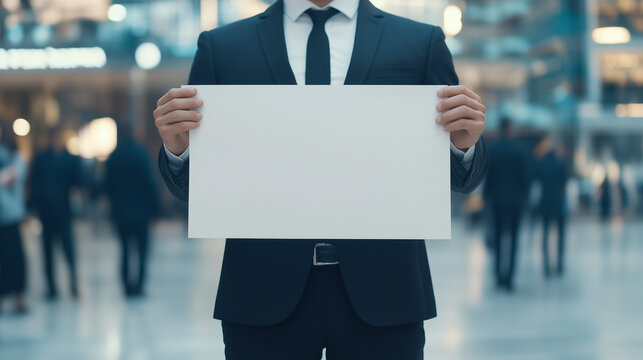 Businessman Holding Blank Sign: A businessman in a sharp suit holds a large blank sign, standing in a bustling modern office environment.  The sign provides a clean canvas for your message.  - Powered by Adobe