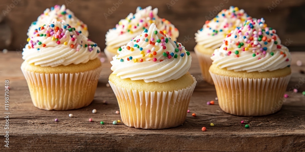 Aufkleber gourmet cupcakes adorned with white buttercream frosting and colorful sprinkles set on a rustic wood