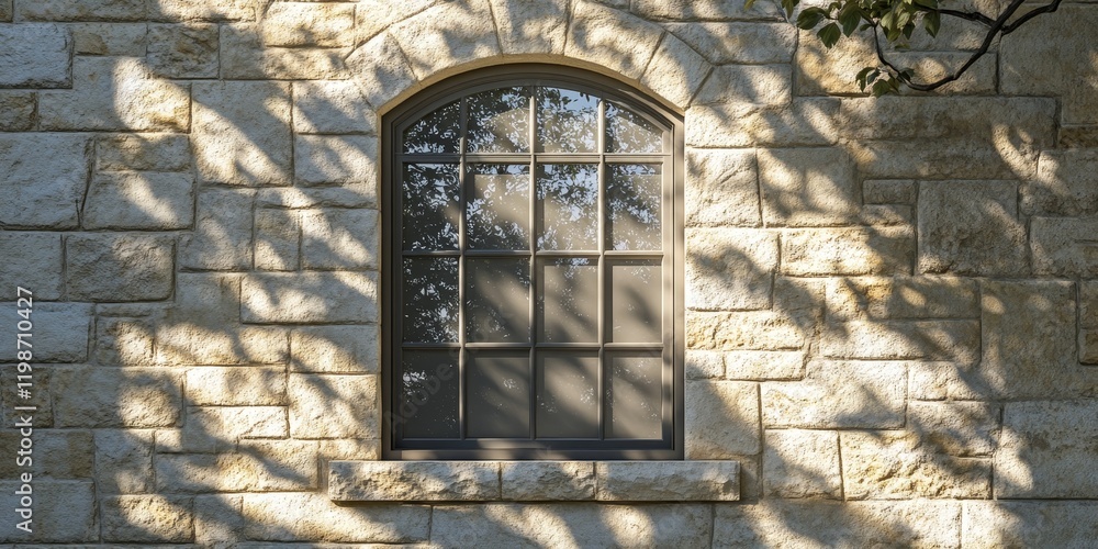 Aufkleber Stone window casting intricate shadows, showcasing the beauty of natural light on stone, highlighting the interplay of shadow and texture in this captivating window design.
