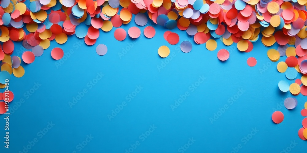 Poster Colorful round paper confetti creates a vibrant banner on a blue background, providing an inviting empty space in the middle for any desired text or design showcasing colorful round paper confetti.