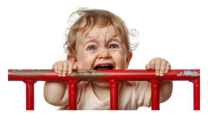 Heartfelt image of a baby crying while grasping the bars of a crib conveying emotions of distress and innocence