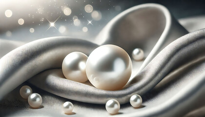 displays a luxurious and elegant arrangement of pearls resting on soft, flowing fabric with a satin texture. The lighting creates a luminous effect, highlighting the smooth 