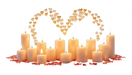 A romantic candlelight scene with multiple lit candles surrounding heart-shaped silhouettes, with soft light flickering and reflecting hearts in the glow, on a white transparent background PNG.