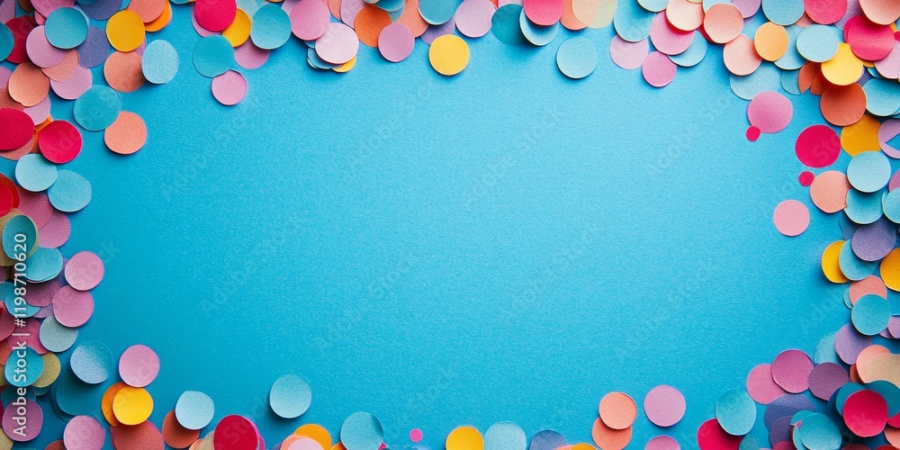 Poster Colorful round paper confetti creates a vibrant banner on a blue background, providing an inviting empty space in the middle for any desired text or design showcasing colorful round paper confetti.
