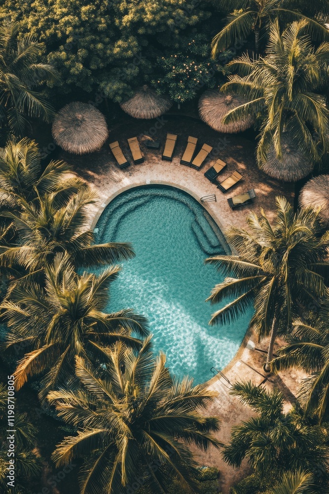 Poster a pool surrounded by palm trees and umbrellas. the pool is surrounded by a lot of trees and there ar