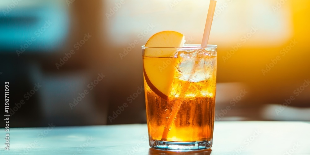 Aufkleber refreshing cold apple tea served with ice and a straw in a studio setting, highlighting the vibrant 