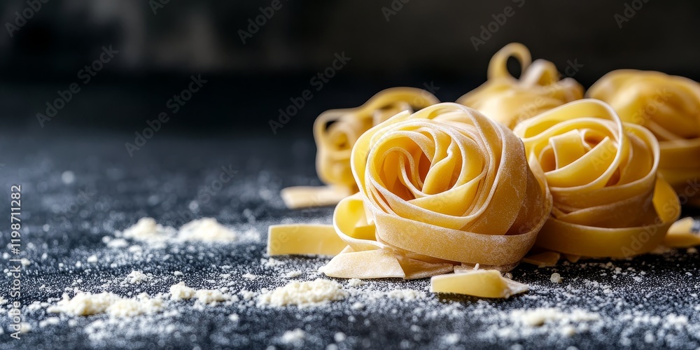 Aufkleber raw pasta displayed on a black background, showcasing an appealing arrangement of raw pasta. the raw