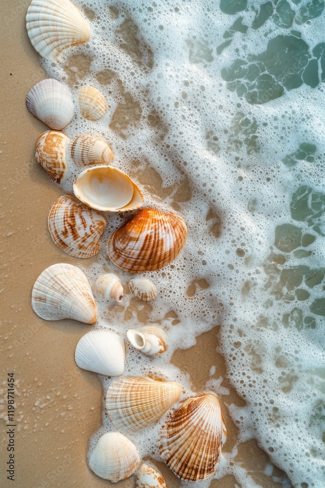 Poster a beach scene with a large number of shells scattered across the sand. the shells are of various siz