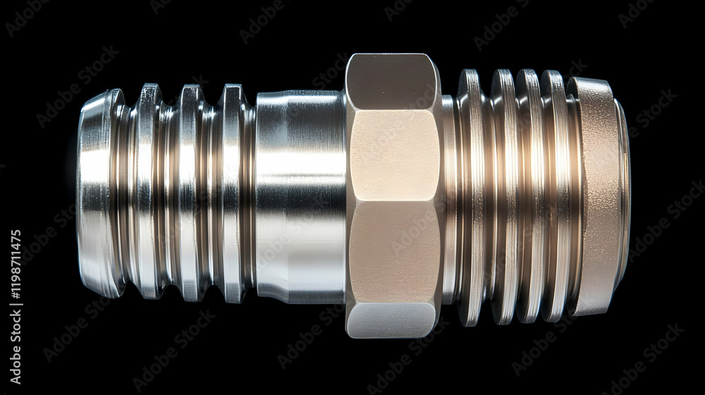 Aufkleber close-up of a precision-machined metal connector with threaded sections and a hexagonal nut on a bla