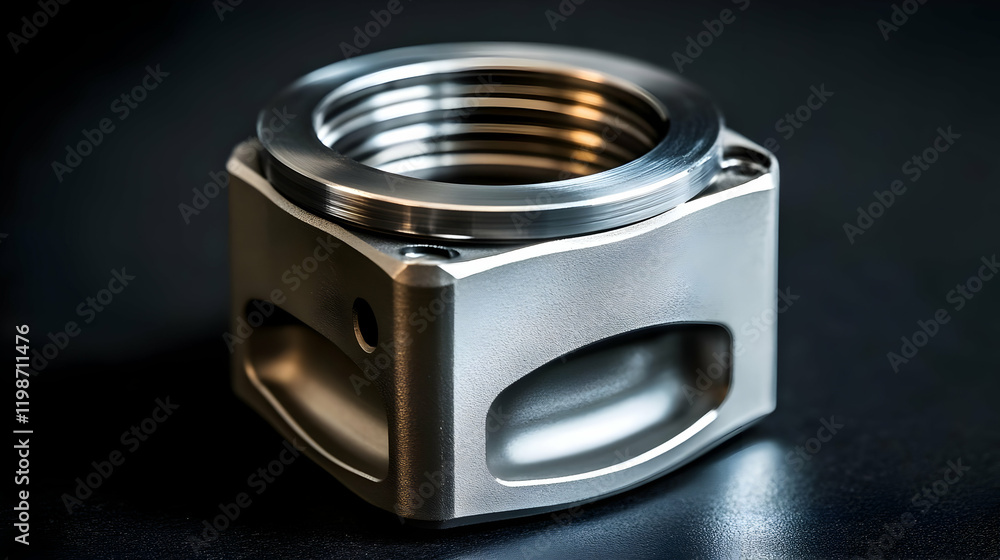 Poster precision-machined metal component displays intricate detail and functional design on a dark backgro