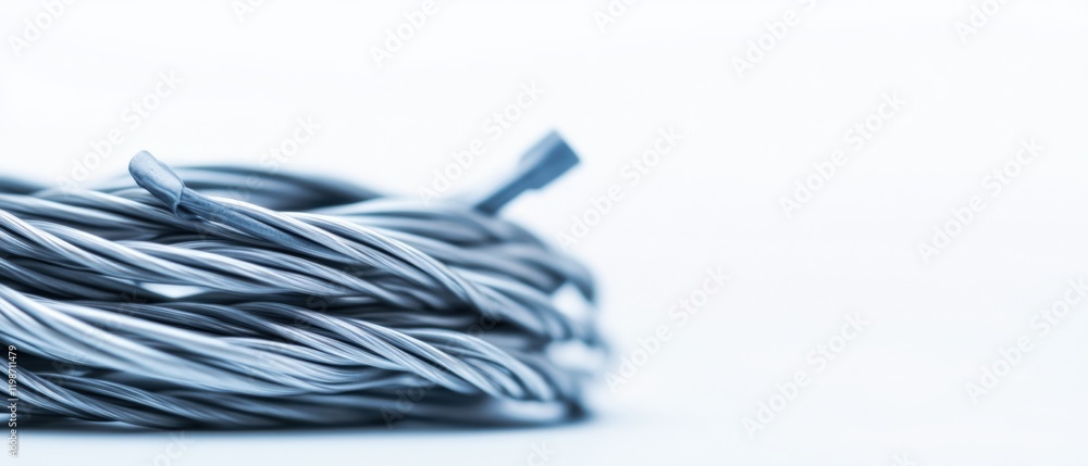 Poster close up of tangled metallic string on white background